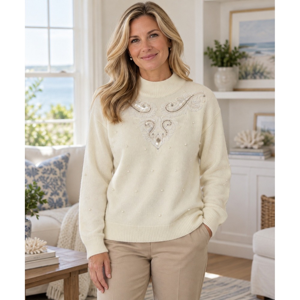 Alfred Dunner Embellished Sweater Womens M Ivory Coastal Grandmother Romantic